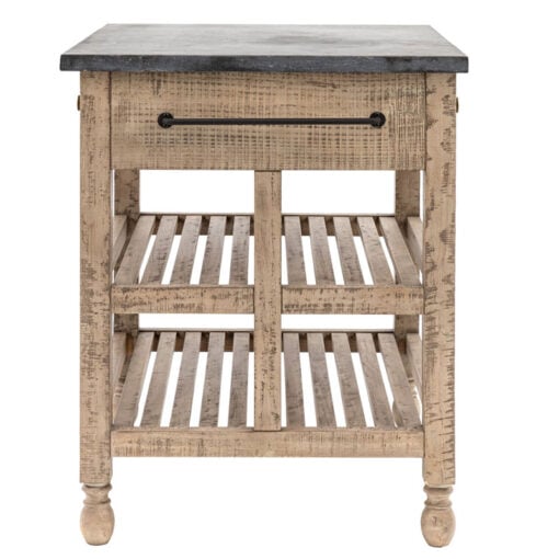 Rustic Country Farmhouse Solid Light Wood Small Kitchen Island With Black Marble Top 90cm