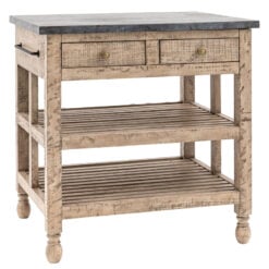 Rustic Country Farmhouse Solid Light Wood Small Kitchen Island With Black Marble Top 90cm