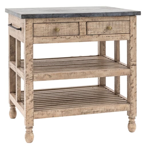 Rustic Country Farmhouse Solid Light Wood Small Kitchen Island With Black Marble Top 90cm