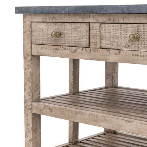 Rustic Country Farmhouse Solid Light Wood Small Kitchen Island With Black Marble Top 90cm