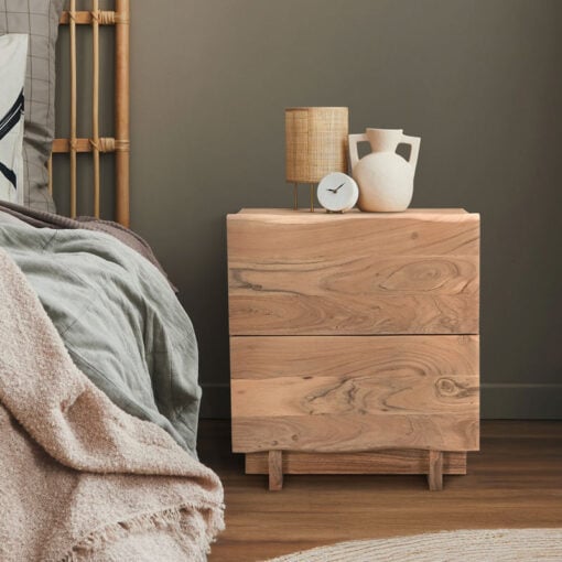Rustic Solid Light Acacia Wood 2 Drawer Bedside Cabinet Side Table