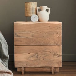 Rustic Solid Light Acacia Wood 2 Drawer Bedside Cabinet Side Table