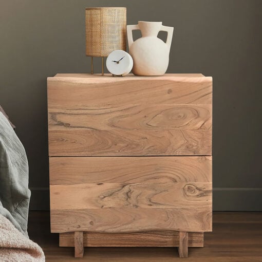 Rustic Solid Light Acacia Wood 2 Drawer Bedside Cabinet Side Table