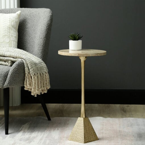 Sculptural Gold Metal And Cream Travertine Round Side Table End Table 55cm