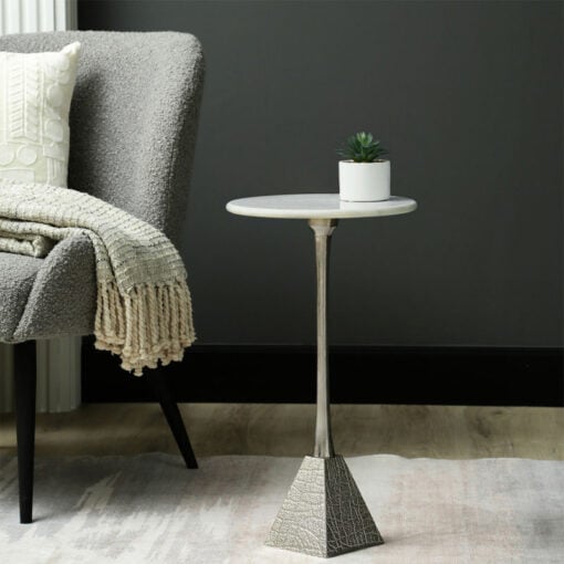 Sculptural Silver Nickel Metal And White Marble Round Side Table End Table 55cm