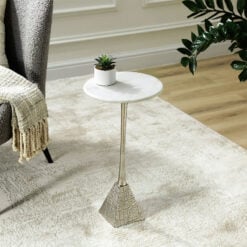 Sculptural Silver Nickel Metal And White Marble Round Side Table End Table 55cm