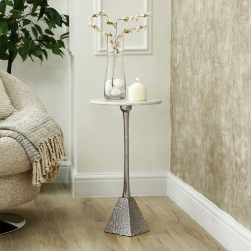 Sculptural Silver Nickel Metal And White Marble Round Side Table End Table 55cm