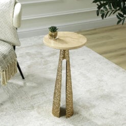 Sculptural Textured Gold Metal And Cream Travertine Stone Side Table