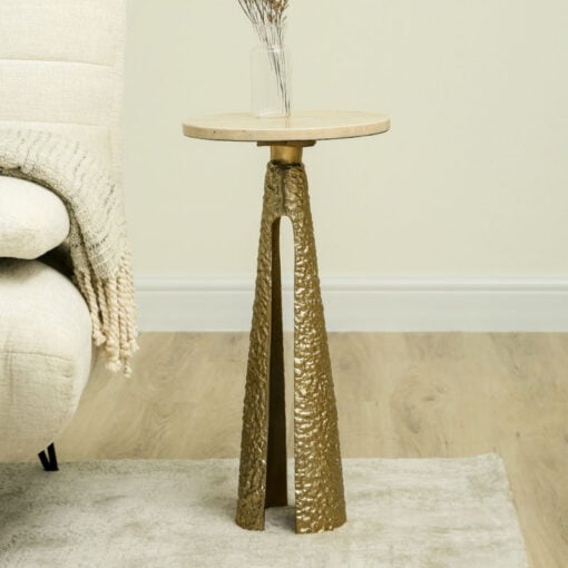 Sculptural Textured Gold Metal And Cream Travertine Stone Side Table