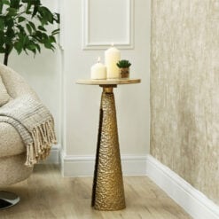 Sculptural Textured Gold Metal And Cream Travertine Stone Side Table