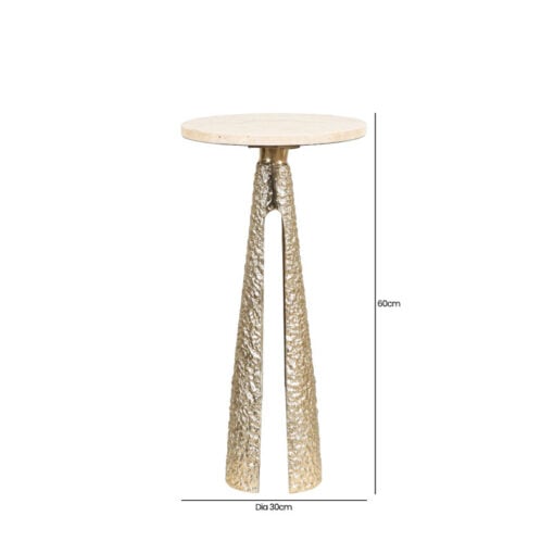 Sculptural Textured Gold Metal And Cream Travertine Stone Side Table
