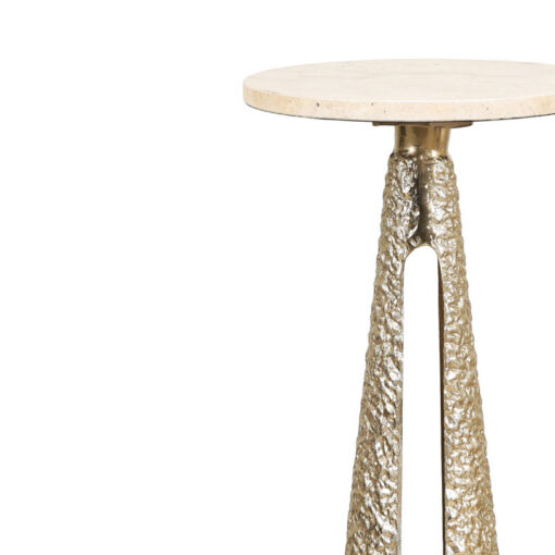 Sculptural Textured Gold Metal And Cream Travertine Stone Side Table