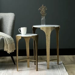 Sculptural Textured Gold Metal And White Marble Set Of 2 Side Tables