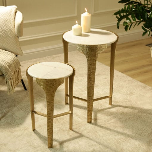 Sculptural Textured Gold Metal And White Marble Set Of 2 Side Tables