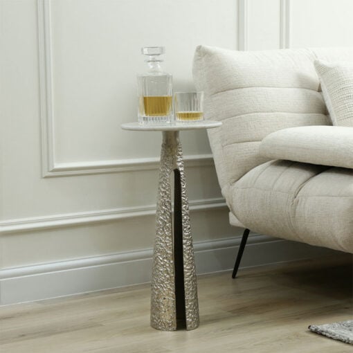 Sculptural Textured Silver Nickel Metal And White Marble Side Table