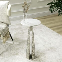 Sculptural Textured Silver Nickel Metal And White Marble Side Table