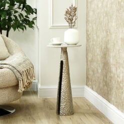 Sculptural Textured Silver Nickel Metal And White Marble Side Table