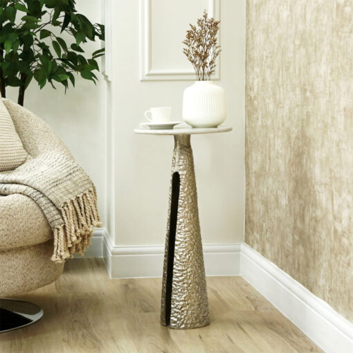 Sculptural Textured Silver Nickel Metal And White Marble Side Table