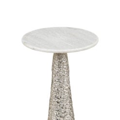 Sculptural Textured Silver Nickel Metal And White Marble Side Table