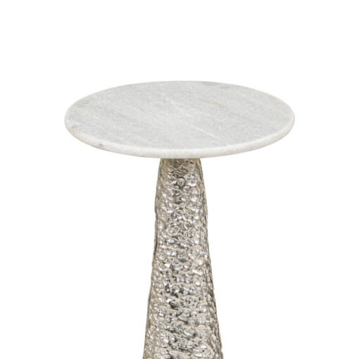 Sculptural Textured Silver Nickel Metal And White Marble Side Table