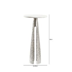 Sculptural Textured Silver Nickel Metal And White Marble Side Table