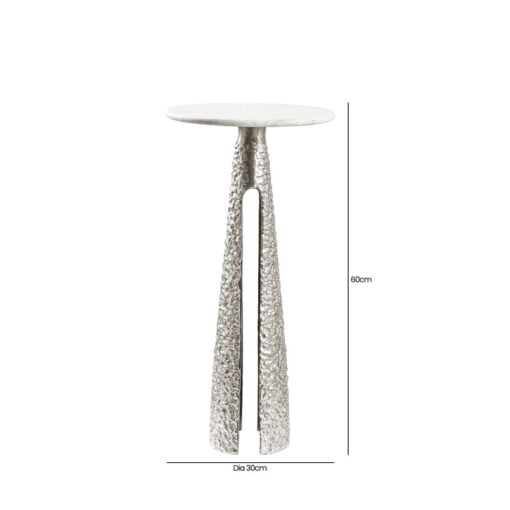 Sculptural Textured Silver Nickel Metal And White Marble Side Table