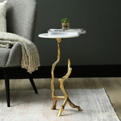 Sculptural Tree Branch Gold Metal And White Marble Side Table End Table