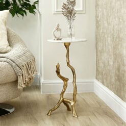 Sculptural Tree Branch Gold Metal And White Marble Side Table End Table