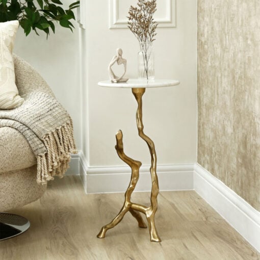 Sculptural Tree Branch Gold Metal And White Marble Side Table End Table