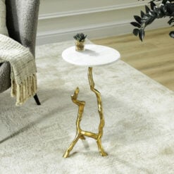 Sculptural Tree Branch Gold Metal And White Marble Side Table End Table