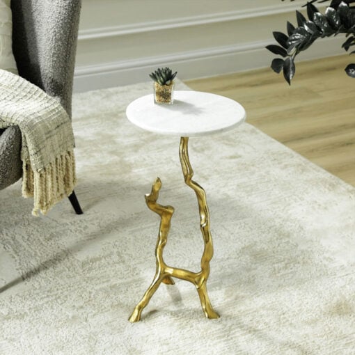 Sculptural Tree Branch Gold Metal And White Marble Side Table End Table