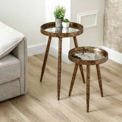 Set Of 2 Antique Gold Metal Nesting Side Tables With Floral Print Mirrored Tops