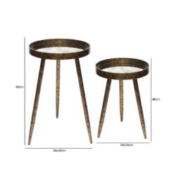 Set Of 2 Antique Gold Metal Nesting Side Tables With Floral Print Mirrored Tops