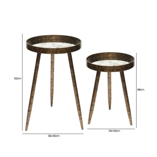 Set Of 2 Antique Gold Metal Nesting Side Tables With Floral Print Mirrored Tops
