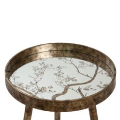 Set Of 2 Antique Gold Metal Nesting Side Tables With Floral Print Mirrored Tops