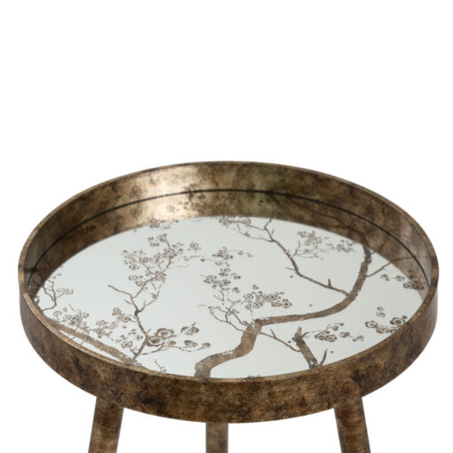 Set Of 2 Antique Gold Metal Nesting Side Tables With Floral Print Mirrored Tops