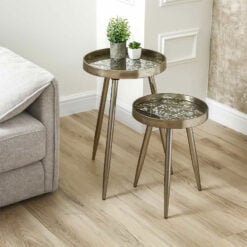 Set Of 2 Champagne Gold Metal Nesting Side Tables With Floral Print Tops