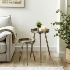 Set Of 2 Champagne Gold Metal Nesting Side Tables With Floral Print Tops