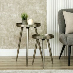 Set Of 2 Champagne Gold Metal Nesting Side Tables With Floral Print Tops
