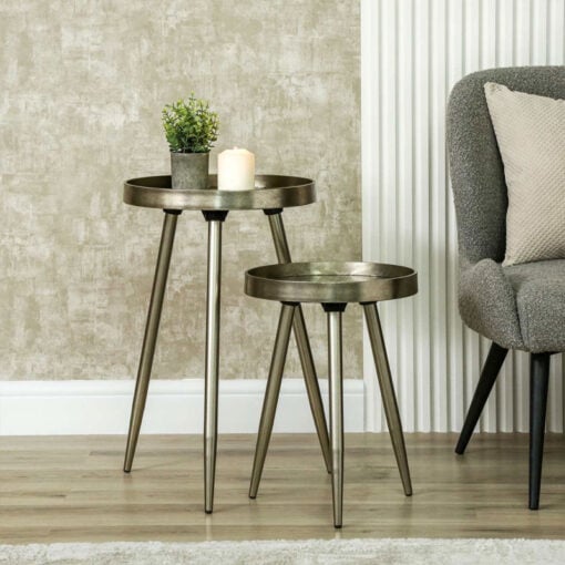 Set Of 2 Champagne Gold Metal Nesting Side Tables With Floral Print Tops