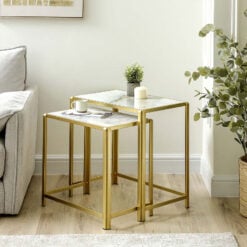 Set Of 2 Gold Metal Nesting Side Tables With White Marble Tops