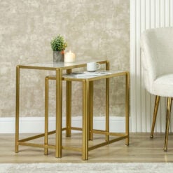 Set Of 2 Gold Metal Nesting Side Tables With White Marble Tops