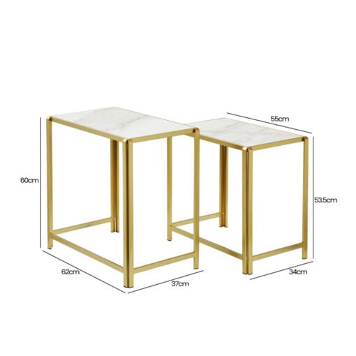 Set Of 2 Gold Metal Nesting Side Tables With White Marble Tops