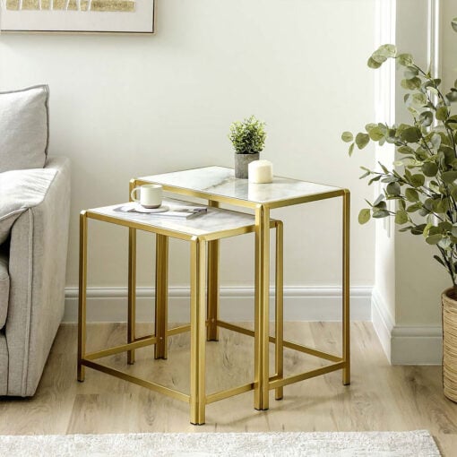 Set Of 2 Gold Metal Nesting Side Tables With White Marble Tops