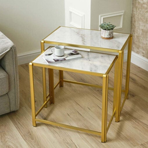 Set Of 2 Gold Metal Nesting Side Tables With White Marble Tops