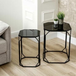 Set Of 2 Industrial Black Metal Nesting Side Tables With Black Mirrored Tops
