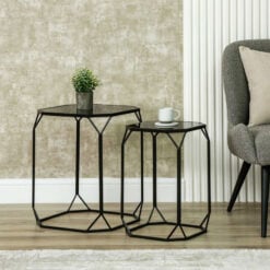 Set Of 2 Industrial Black Metal Nesting Side Tables With Black Mirrored Tops