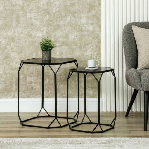 Set Of 2 Industrial Black Metal Nesting Side Tables With Black Mirrored Tops