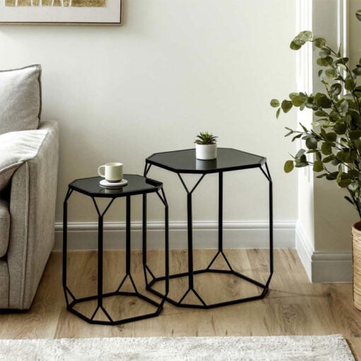 Set Of 2 Industrial Black Metal Nesting Side Tables With Black Mirrored Tops