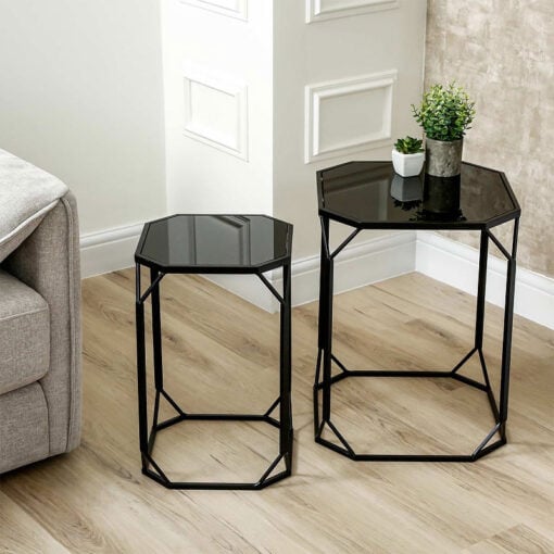 Set Of 2 Industrial Black Metal Nesting Side Tables With Black Mirrored Tops